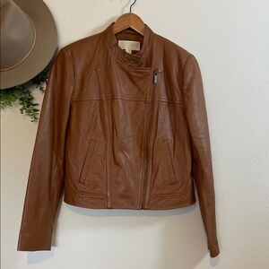 Michael Kors Chestnut Tan 100% Lamb Leather Moto Jacket Women’s Sz Large